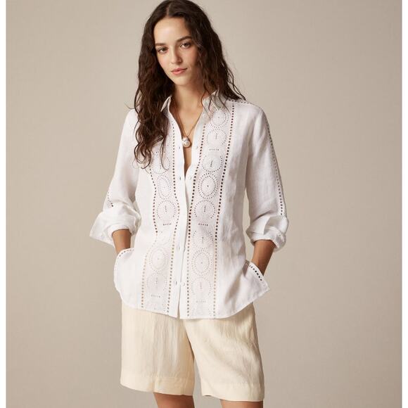 J.Crew Garçon Classic Fit Eyelet Linen Shirt 18 Plus White Long Sleeve Button Up - Picture 1 of 9